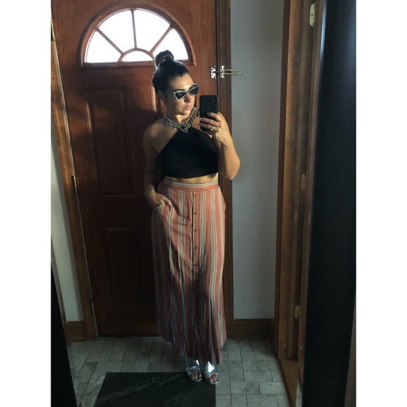 Rust Striped Maxi Button Skirt - Picture 2 of 4